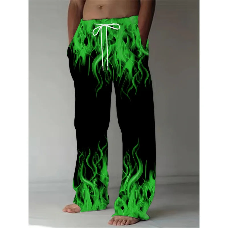 Pantalones de moda de verano para hombre, pantalones de pierna recta con estampado de llamas Retro informales, pantalones holgados con cordón como regalo