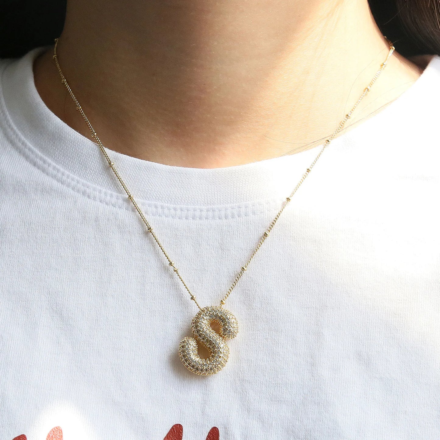Collar con inicial de globo de circonita cúbica, colgante con letra burbuja del alfabeto AZ, chapado en oro y latón, para mujer, joyería de moda