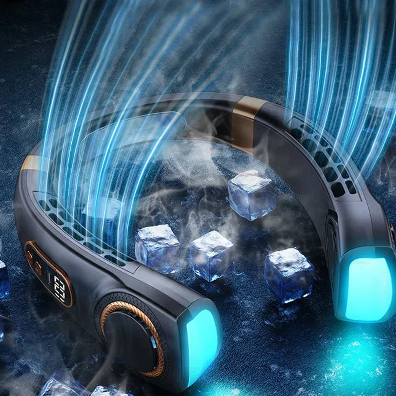 Ventilador de cuello portátil de 5 velecidades, ventilador sin aspas manos libres con 4 placas de enfriamiento LED, ventilador personal, batería de 4000 mAh, recargable por USB