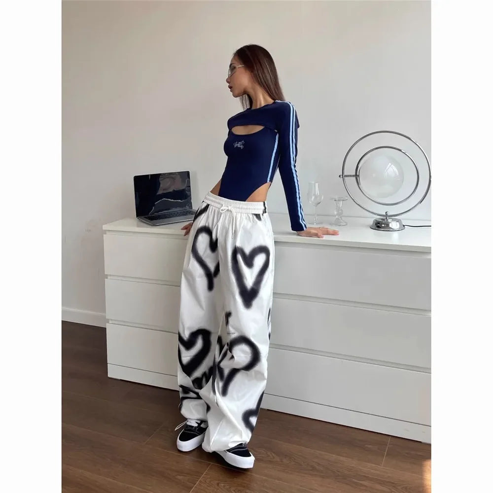 Pantalones de pierna ancha Love para mujer , ropa de calle elástica de cintura alta, pantalones holgados pantalones de chándal informales