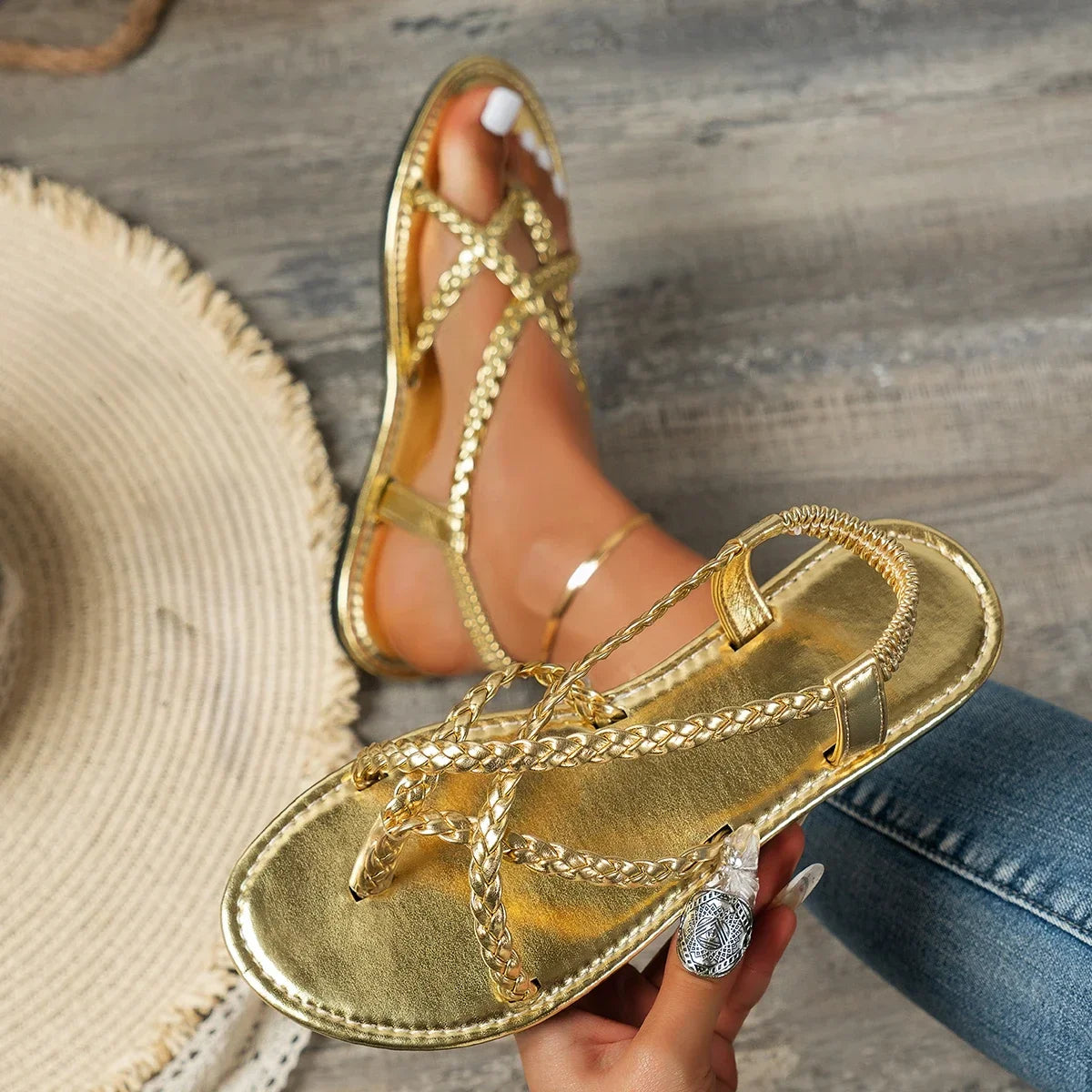 Sandalias de punta redonda con tiras finas y trenzadas, elegantes y casuales, para verano