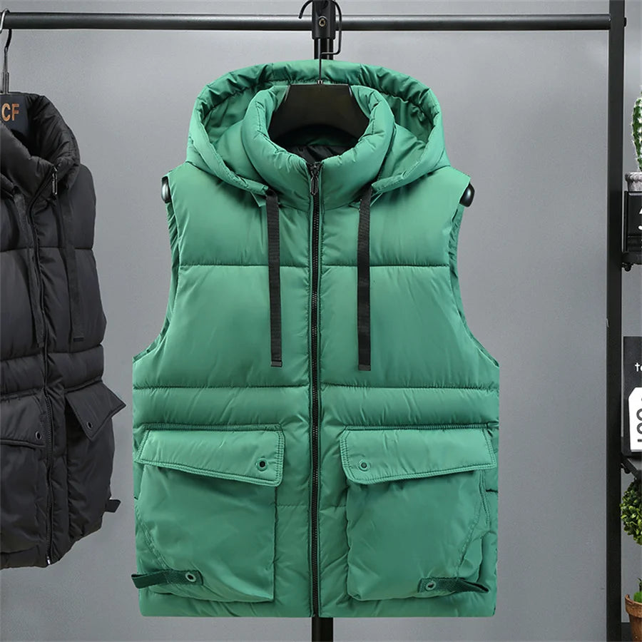 Chaleco con capucha para hombre, chaleco cálido con cuello levantado y cremallera para invierno, chaquetas sin mangas acolchadas de algodón con bolsillos grandes