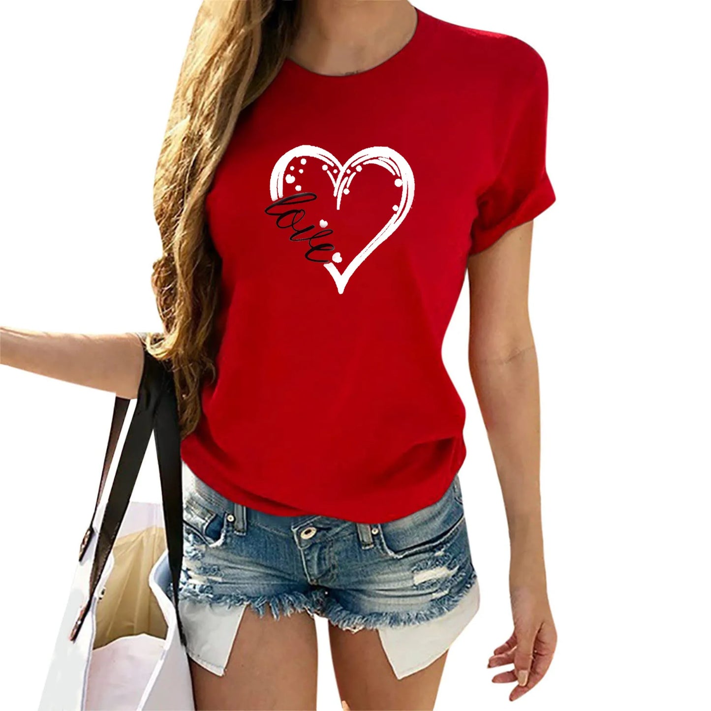 Camiseta de manga corta con estampado de corazón para parejas, cuello redondo, holgada, para amantes, para hombre y mujer