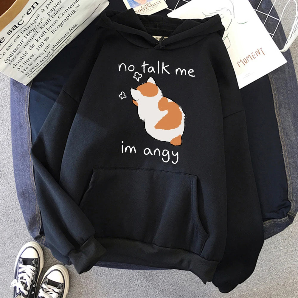 Sudadera con capucha con estampado de gato enojado para mujer, sudaderas suaves, jerséis de lana informales, ropa de calle de lana de gran tamaño para mujer