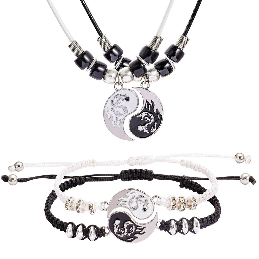 Juego de 2 o 4 pulseras y collares de Tai Chi Yin Yang para parejas, con colgante y cadena trenzada ajustable, a juego, para amantes, gargantilla.