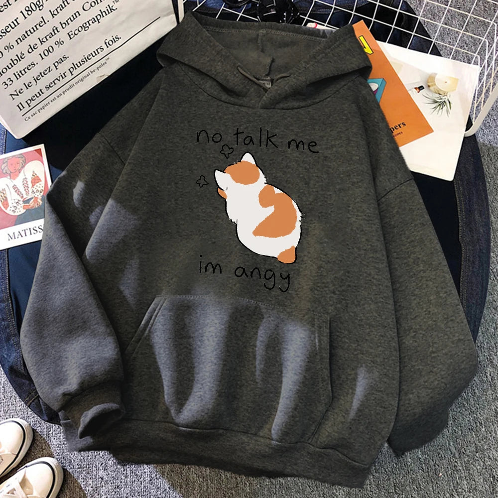 Sudadera con capucha con estampado de gato enojado para mujer, sudaderas suaves, jerséis de lana informales, ropa de calle de lana de gran tamaño para mujer