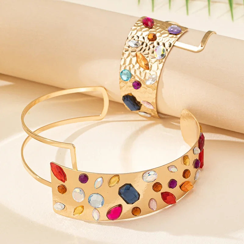 Conjunto de joyería con collar y pulsera geométrica hecha a mano con cristales de color dorado y gran apertura de moda para mujer