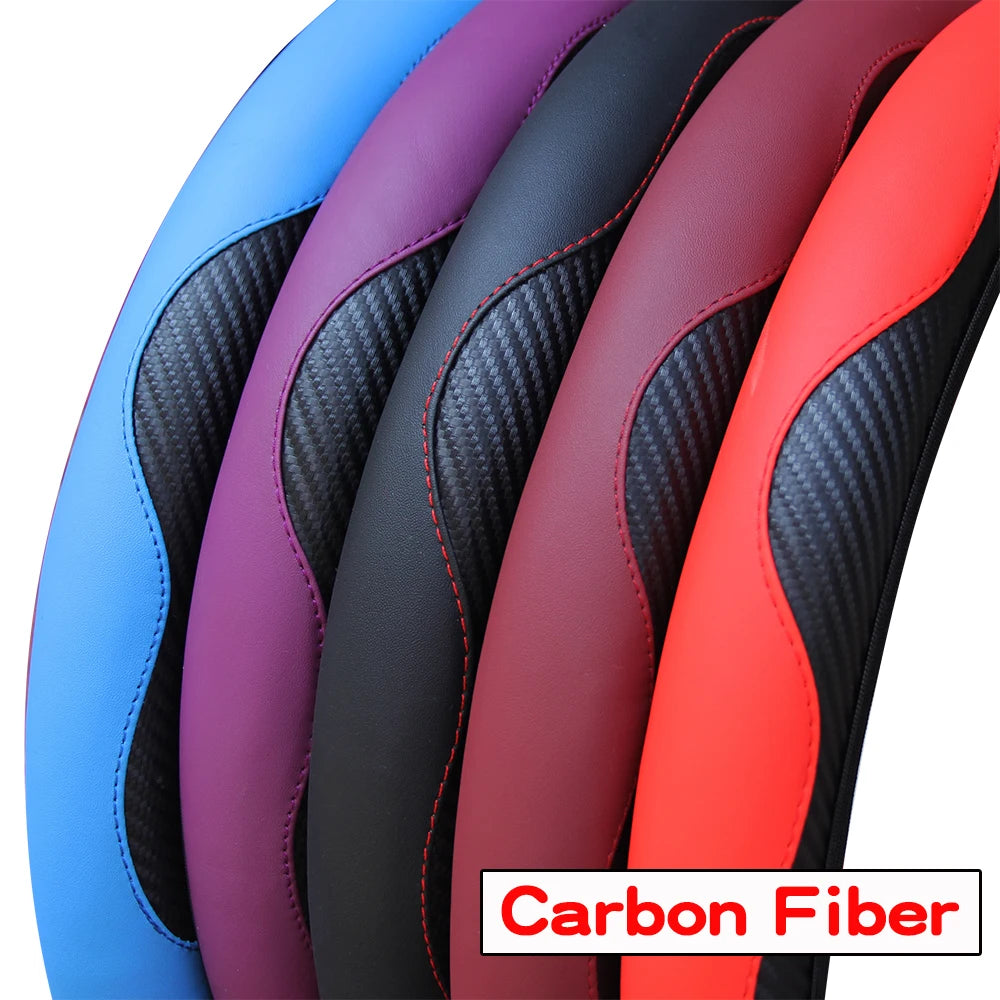 Funda para volante de coche de cuero de fibra de carbono PU sin anillo interior, apta para accesorios de automoción de 14,5 a 15 pulgadas