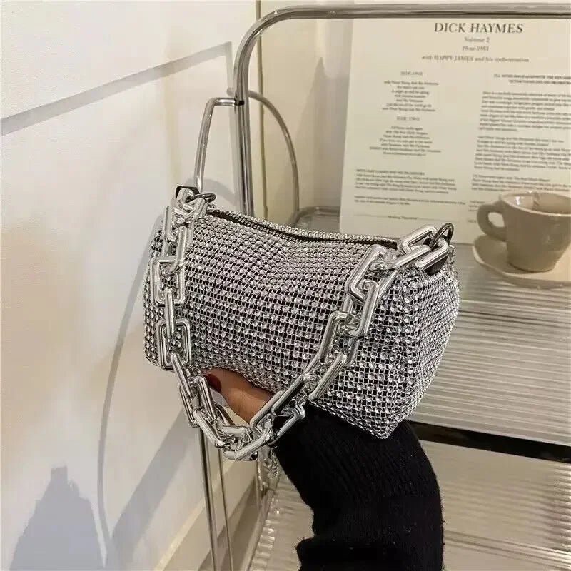 Bolso tipo cubo con diamantes de imitación, bolso de fiesta con cadena brillante, mini bolso cruzado para mujer
