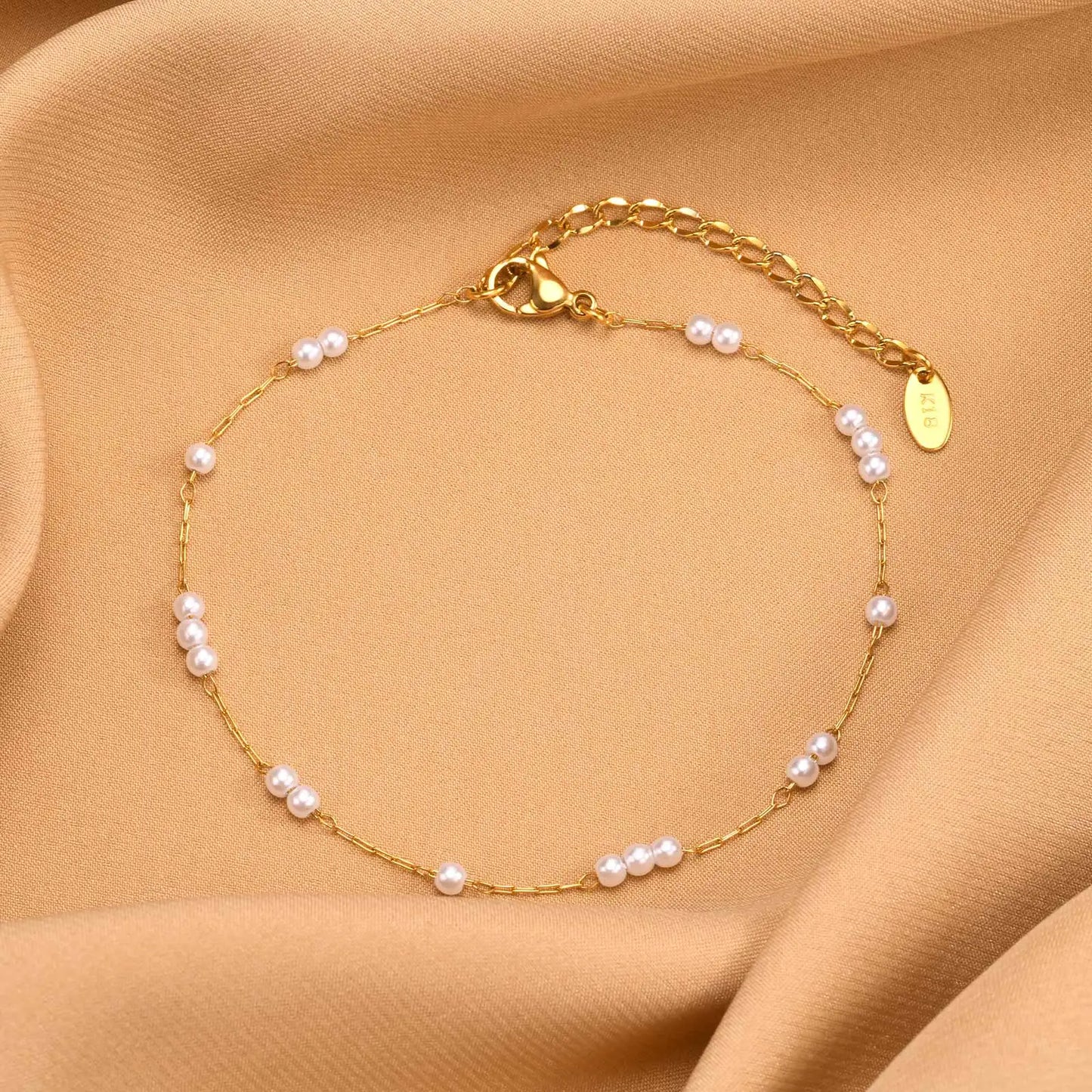 Pulsera de tobillo con perlas de acero inoxidable para mujer, cadena ajustable para el pie chapada en oro de 18 quilates, pulseras apilables para la pierna.