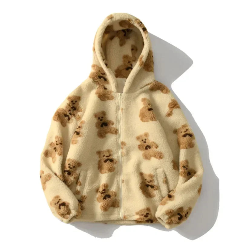 Chaqueta de felpa con estampado en forma de corazón Harajuku para mujer, abrigo coreano de manga larga con capucha, ropa de calle gruesa y cálida para parejas, invierno
