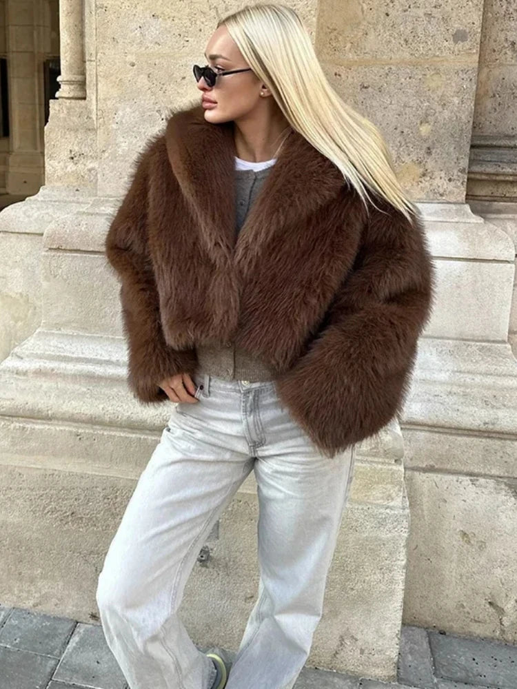 Chaqueta de piel sintética cálida retro para mujer, solapa gruesa, manga larga, botones ocultos, informal, elegante, para ir al trabajo, abrigo holgado, suave y esponjoso, para otoño e invierno, nuevo y elegante