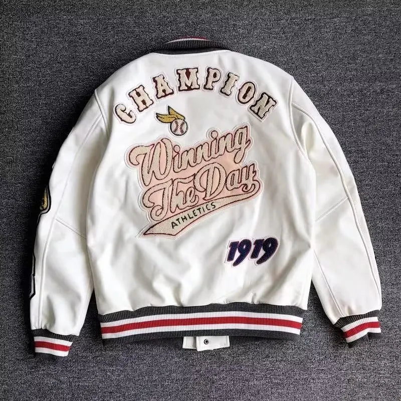 Vestes d'uniforme de baseball Y2K Veste en cuir tendance rétro Broderie multi-lettres Manteau court blanc Printemps et automne Hommes