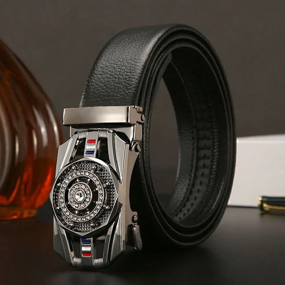 Cinturón para hombre, cinturón de cuero con hebilla automática, cinturón de lujo para hombre, decoración de diamantes de imitación
