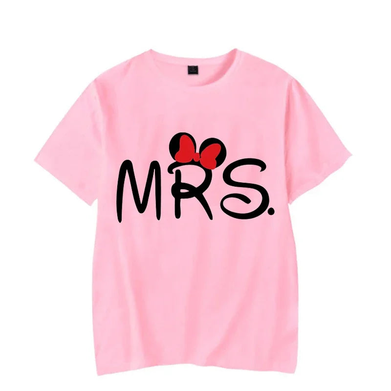 Camiseta de manga corta con estampado de ratón y dibujos animados de Mr. Mrs para parejas, camiseta de verano con estampado de letras, camiseta informal holgada para amantes, camiseta unisex