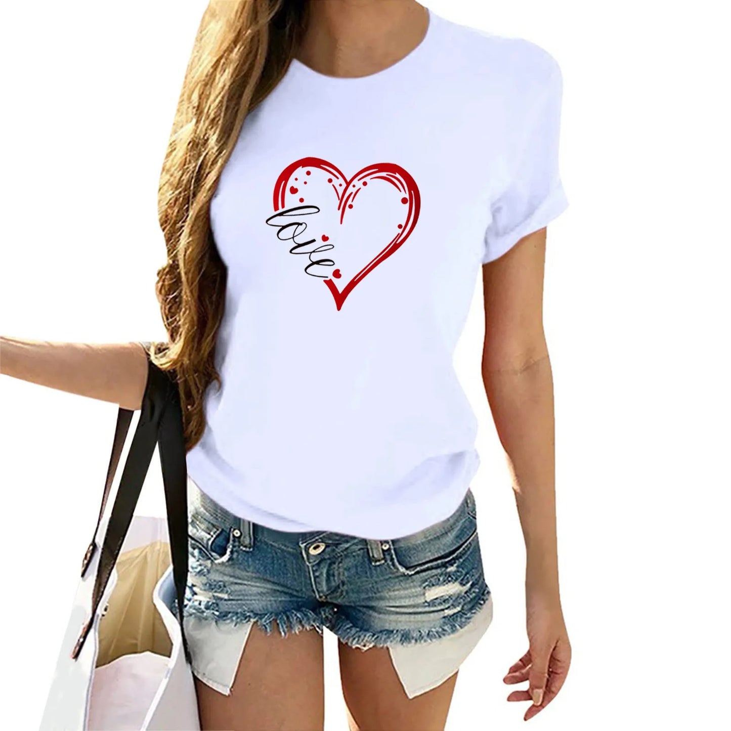 Camiseta de manga corta con estampado de corazón para parejas, cuello redondo, holgada, para amantes, para hombre y mujer