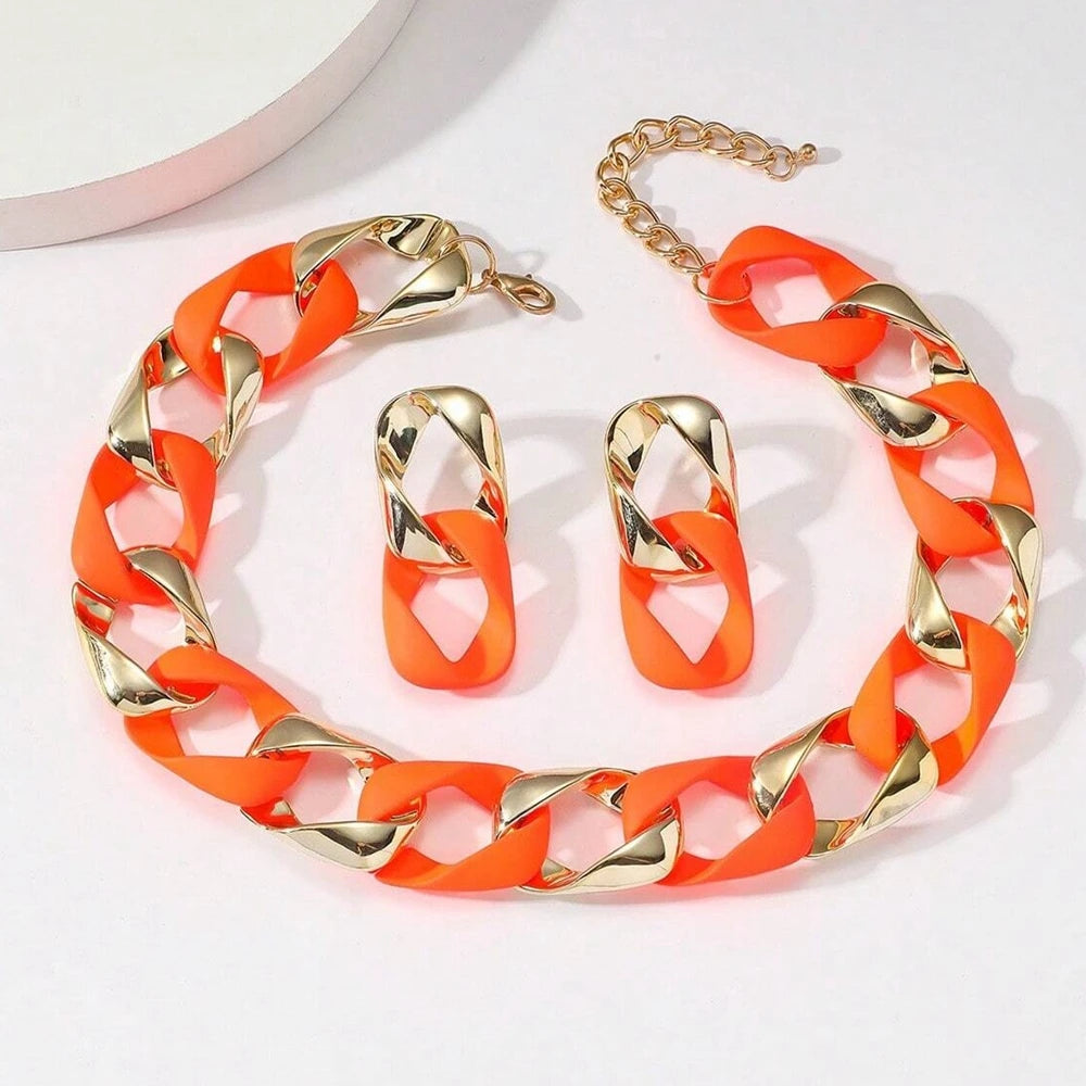 Nuevo conjunto de moda Icon collar y pendientes de acrílico fluorescente CCB empalmados para mujer, joyería para el cuello