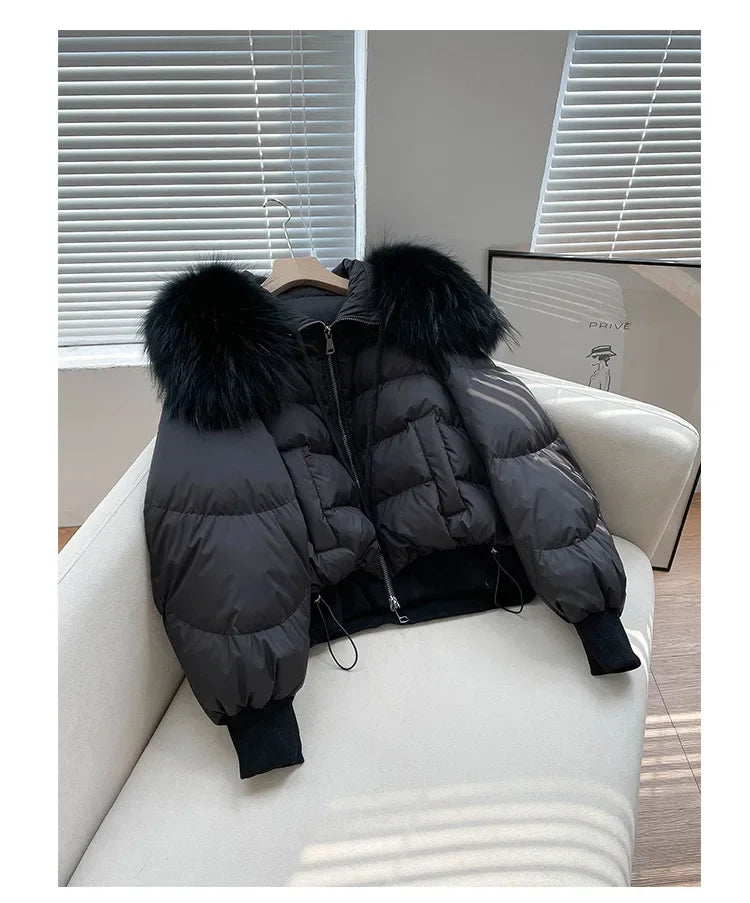 Chaqueta de plumón de invierno a la moda para mujer, abrigo recortado con Cuello de piel de zorro de gama alta