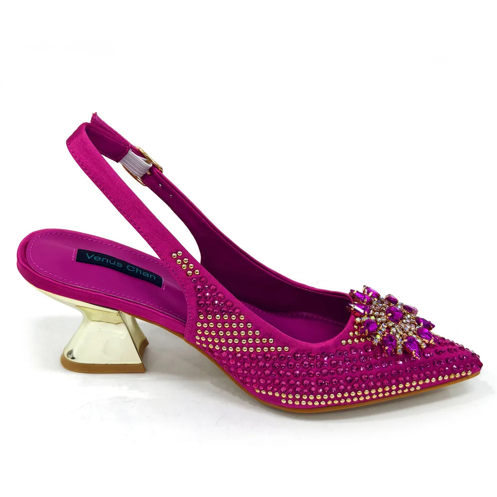 zapatos italianos para mujer y bolso, conjunto de Color fucsia, tacones altos cómodos con diamantes de imitación