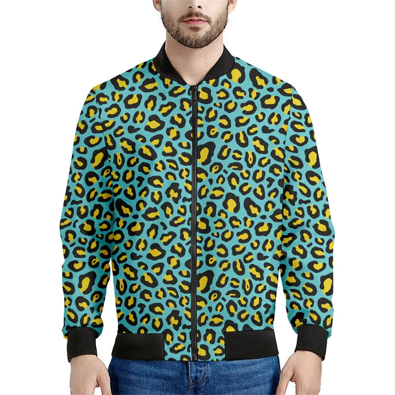 Chaqueta con cremallera y patrón de leopardo para hombre, sudadera de manga larga con estampadode personalidad, ropa de calle suelta informal, abrigo de moda