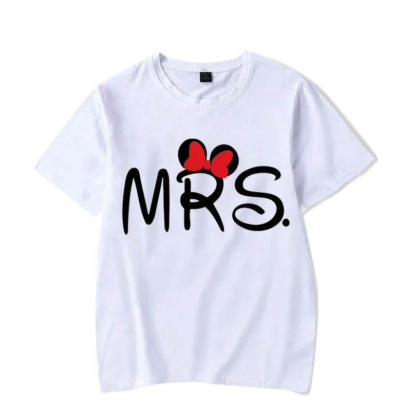 Camiseta de manga corta con estampado de ratón y dibujos animados de Mr. Mrs para parejas, camiseta de verano con estampado de letras, camiseta informal holgada para amantes, camiseta unisex