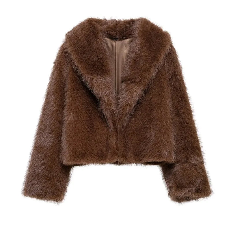 Chaqueta de piel sintética cálida retro para mujer, solapa gruesa, manga larga, botones ocultos, informal, elegante, para ir al trabajo, abrigo holgado, suave y esponjoso, para otoño e invierno, nuevo y elegante