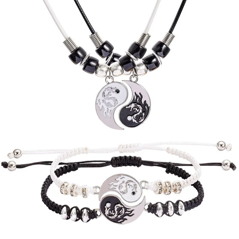 Juego de 2 o 4 pulseras y collares de Tai Chi Yin Yang para parejas, con colgante y cadena trenzada ajustable, a juego, para amantes, gargantilla.