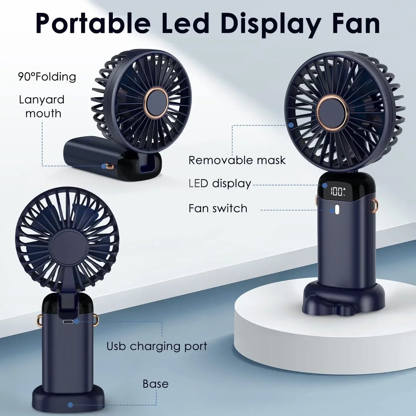 Mini ventilador de mano de 5000 mAh, inalámbrico, recargable por USB, portátil, con pantalla digital, soporte para teléfono, ventilador plegable de 5 velocidades para colgar en el cuello