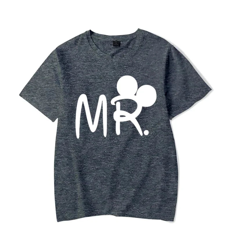 Camiseta de manga corta con estampado de ratón y dibujos animados de Mr. Mrs para parejas, camiseta de verano con estampado de letras, camiseta informal holgada para amantes, camiseta unisex