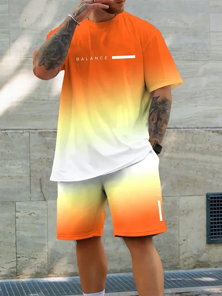 Conjunto de 2 piezas de verano vibrante para hombre, camiseta elegante e informal para hombre, pantalones cortos de playa para exteriores, estampado , cuello redondo y mangas cortas.