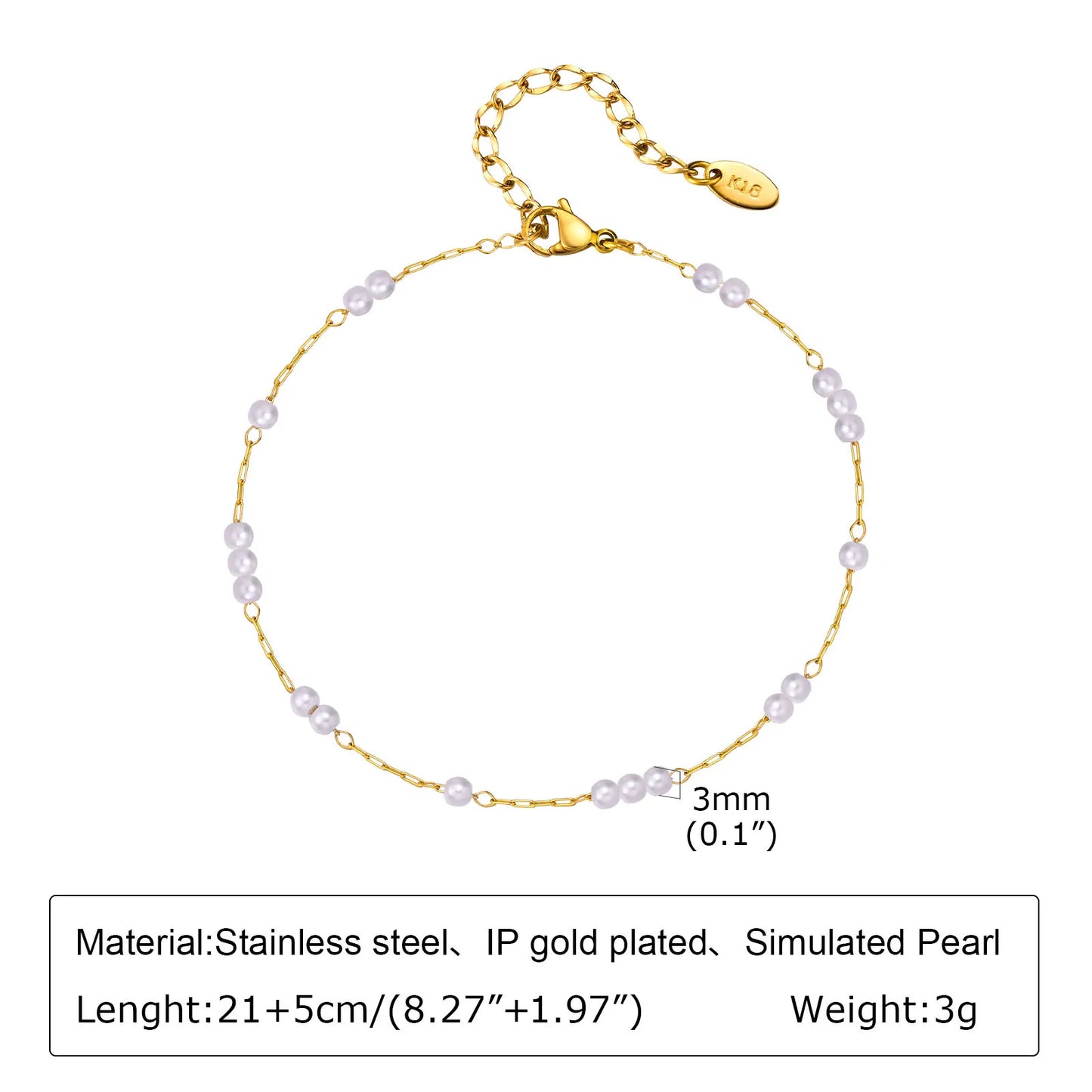 Pulsera de tobillo con perlas de acero inoxidable para mujer, cadena ajustable para el pie chapada en oro de 18 quilates, pulseras apilables para la pierna.
