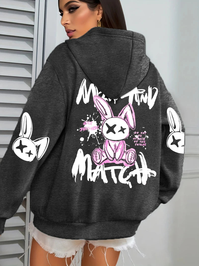 Sudadera con capucha con estampado de conejo de dibujos animados para mujer, ropa informal con bolsillo, Sudadera holgada , ropa femenina de lana que combina con todo