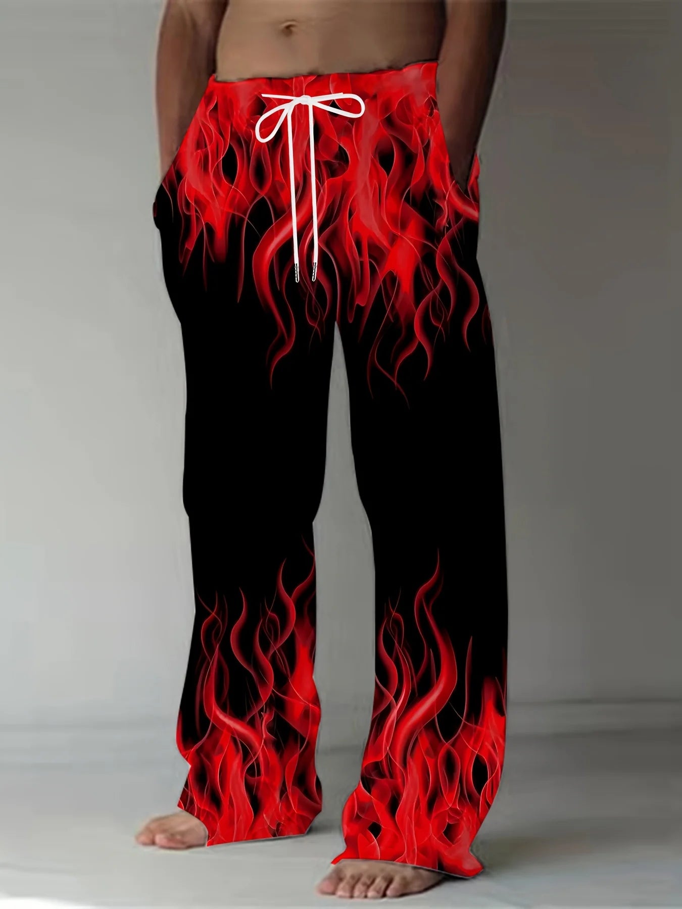 Pantalones de moda de verano para hombre, pantalones de pierna recta con estampado de llamas Retro informales, pantalones holgados con cordón como regalo
