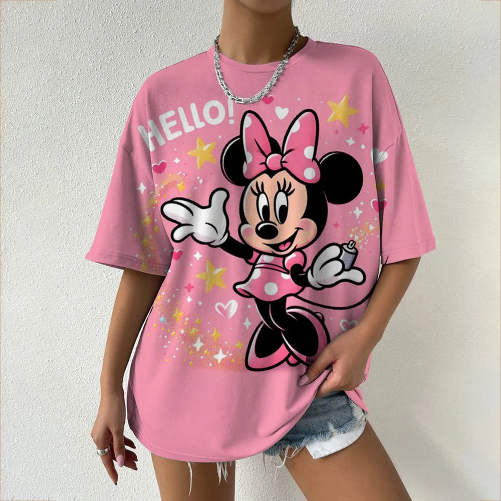 Camiseta de verano de manga corta para mujer, con estampado de cuello redondo