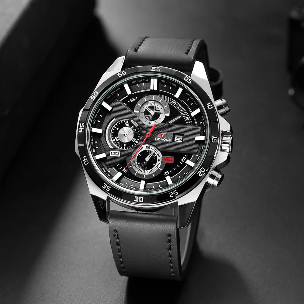 Reloj deportivo para hombre, de cuero, estilo de carreras, informal, de moda, original, negro, oro rosa, calendario, reloj de cuarzo.