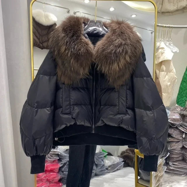 Chaqueta de plumón de invierno a la moda para mujer, abrigo recortado con Cuello de piel de zorro de gama alta