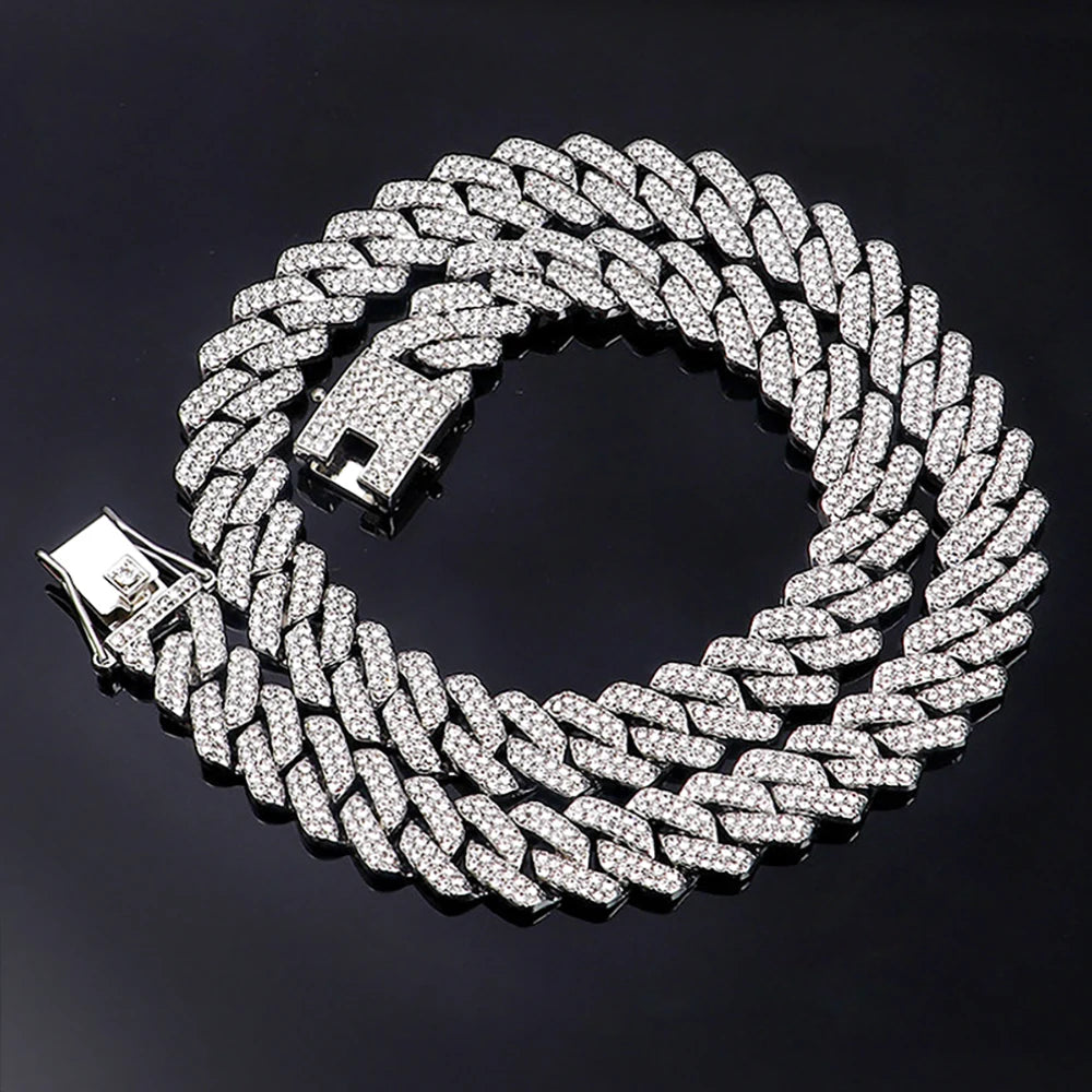 Collar de cadena de eslabones cubanos de 15 mm con diamantes de imitación brillantes de estilo para hombre y mujer, joyería punk de color plateado con cadena cubana, regalo