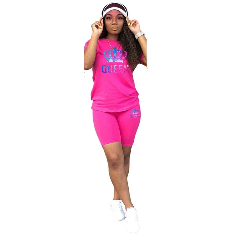 Conjunto deportivo de dos piezas con estampado Queen de colores para mujer, camiseta y pantalones cortos, estilo casual, para correr, de lujo, para viajes de verano.