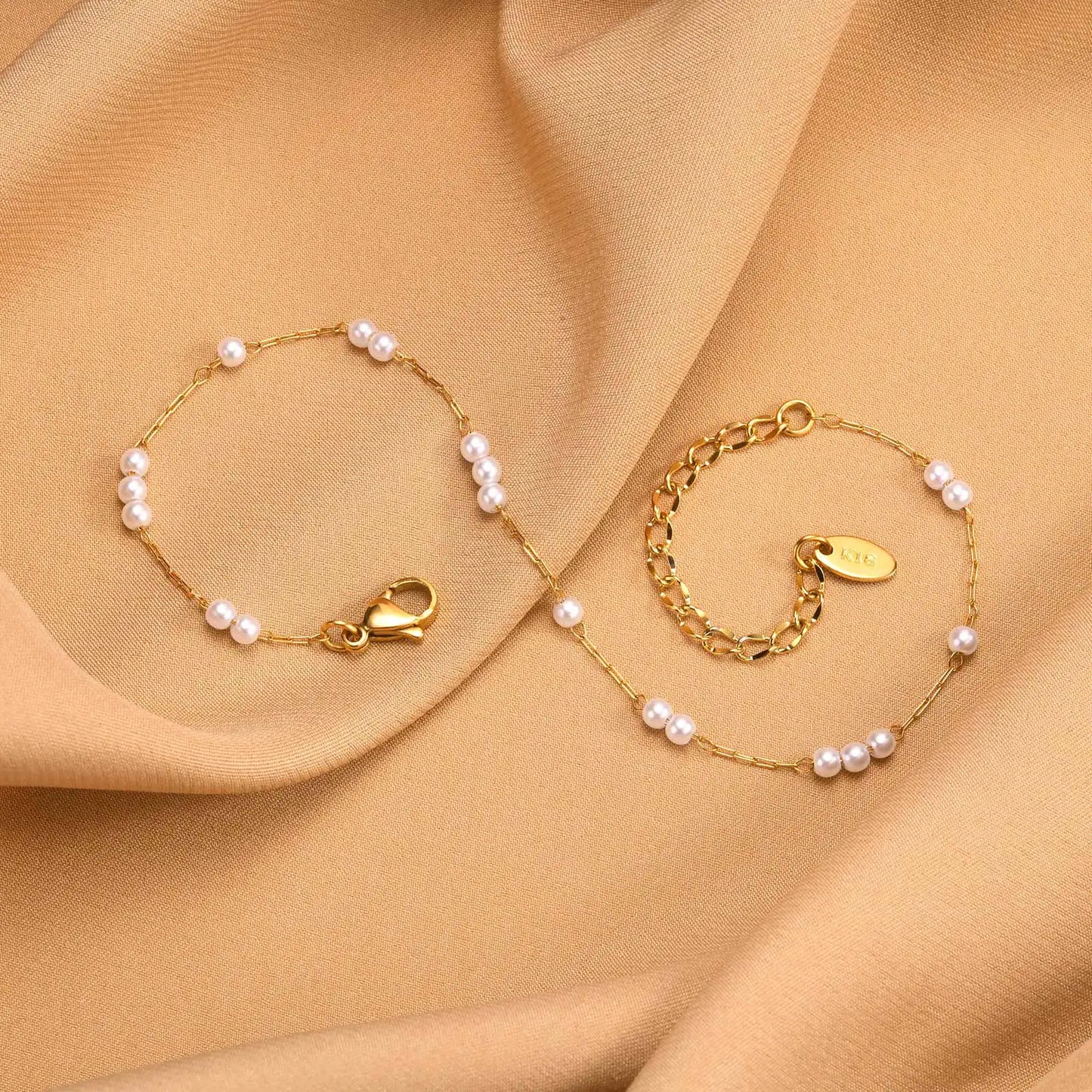 Pulsera de tobillo con perlas de acero inoxidable para mujer, cadena ajustable para el pie chapada en oro de 18 quilates, pulseras apilables para la pierna.