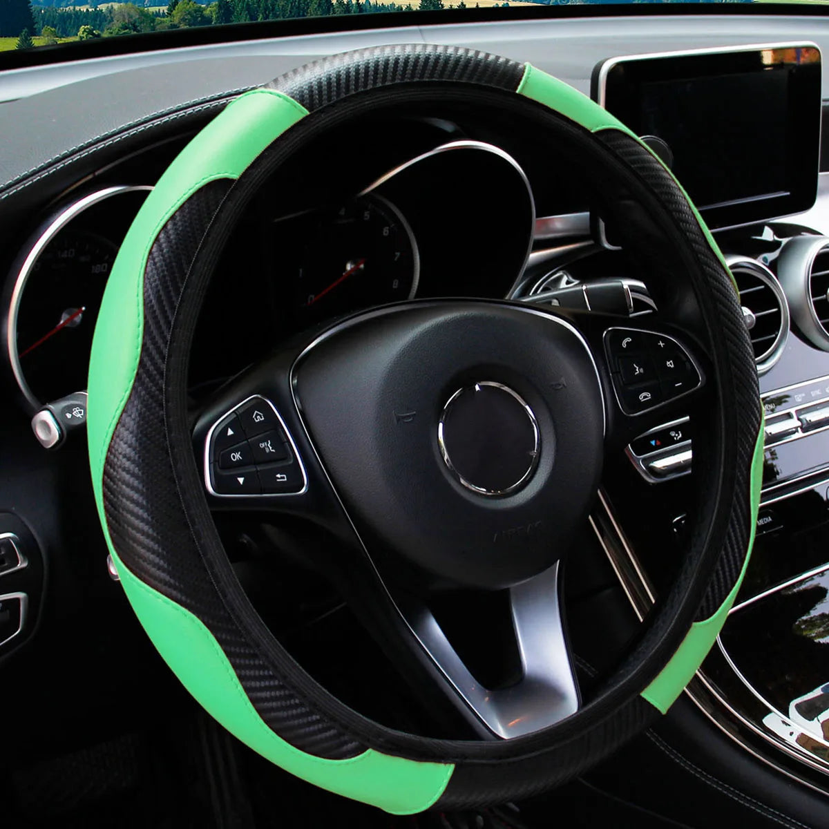 Funda para volante de coche de cuero de fibra de carbono PU sin anillo interior, apta para accesorios de automoción de 14,5 a 15 pulgadas