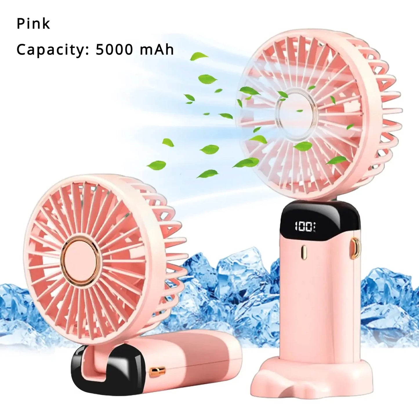 Mini ventilador de mano de 5000 mAh, inalámbrico, recargable por USB, portátil, con pantalla digital, soporte para teléfono, ventilador plegable de 5 velocidades para colgar en el cuello