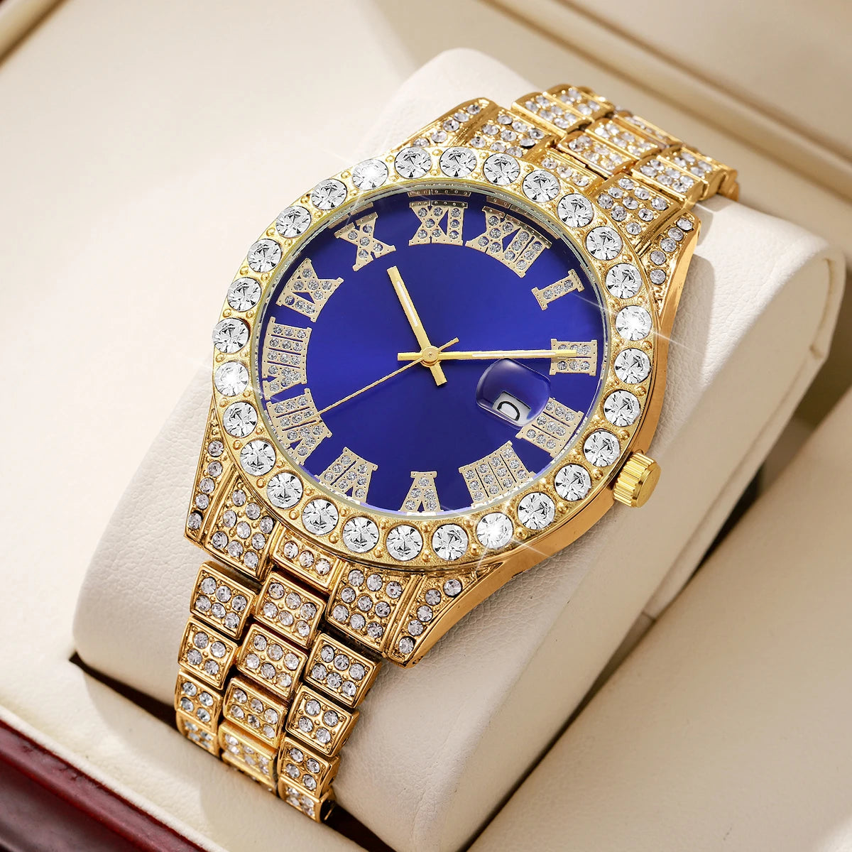 Reloj de pulsera de cuarzo para hombre, de acero inoxidable, con diamantes, calendario y fecha.