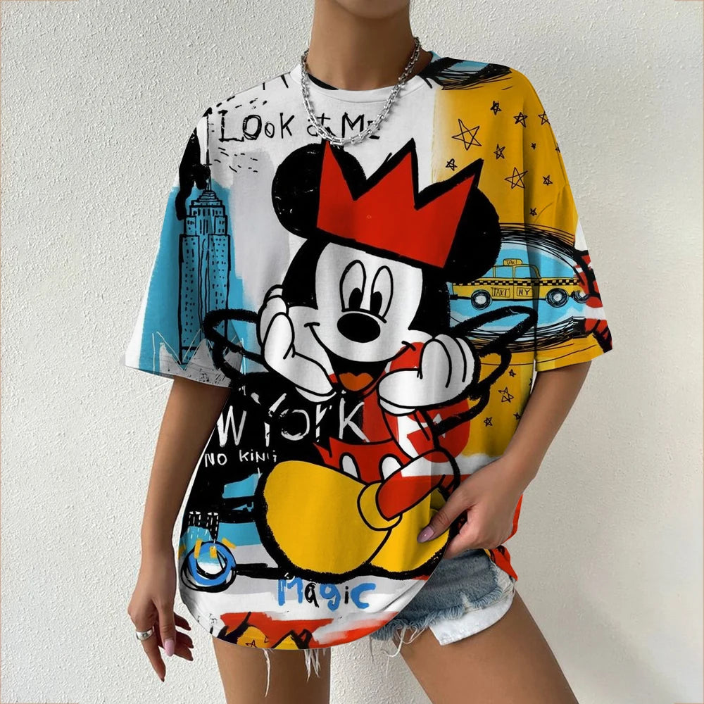 Camiseta de verano de manga corta para mujer, con estampado de cuello redondo