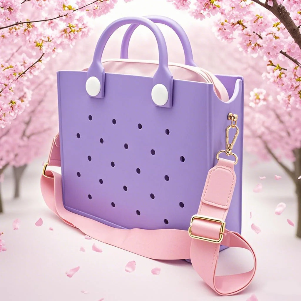 Bolso de mano morado con perforaciones para mujer, informal, impermeable, para viajes, con abalorios, para playa y exteriores.