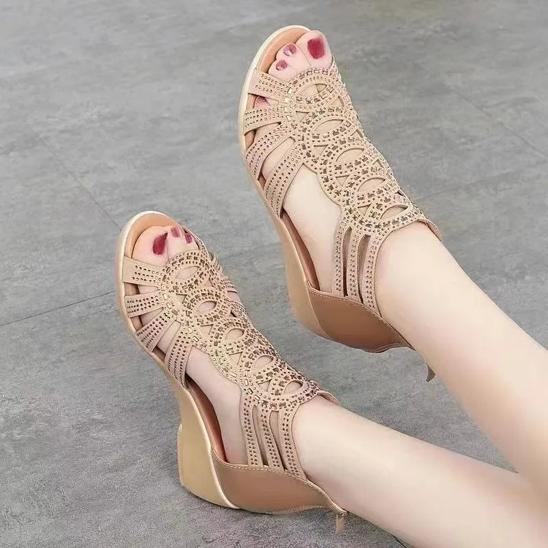 Sandalias romanas de cuero suave para mujer, zapatos de cuña con suela suave, informales, de diseñador, de moda