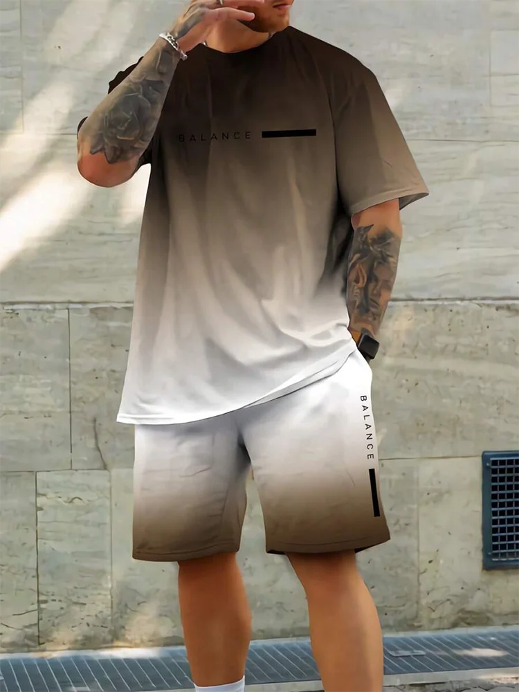 Conjunto de 2 piezas de verano vibrante para hombre, camiseta elegante e informal para hombre, pantalones cortos de playa para exteriores, estampado , cuello redondo y mangas cortas.