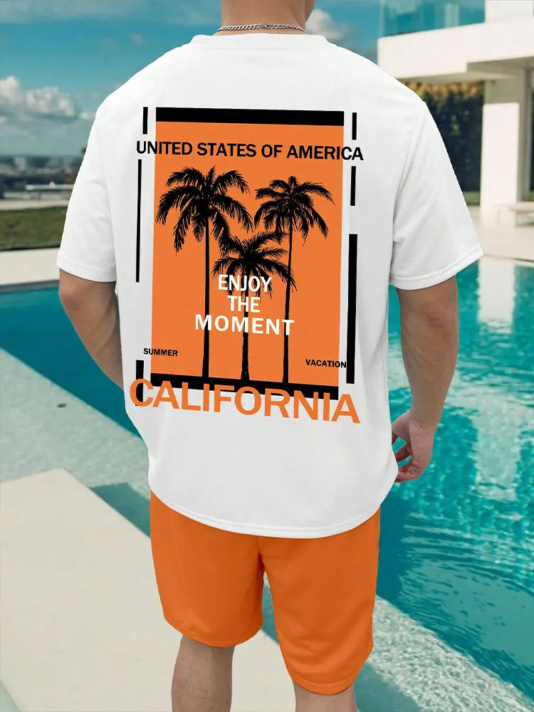 Conjunto de 2 piezas de verano vibrante para hombre, camiseta elegante e informal para hombre, pantalones cortos de playa para exteriores, estampado , cuello redondo y mangas cortas.