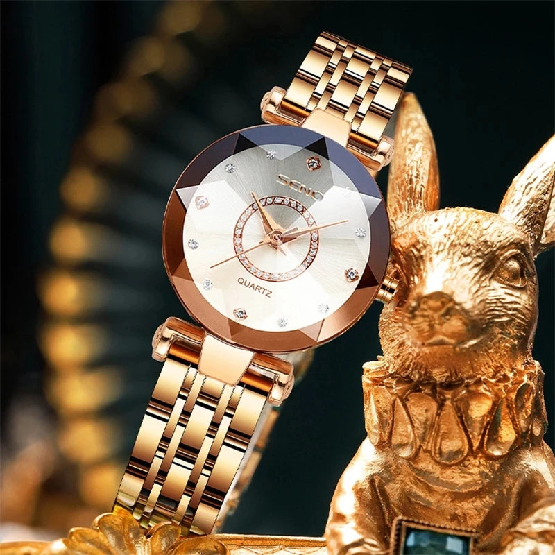 Reloj de cristal para mujer, marca superior de lujo, oro rosa, pulsera, femenino