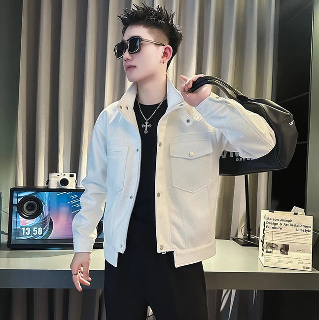 Veste de baseball à grande poche de couleur unie pour hommes, veste à revers, costume de club pour hommes, veste aviateur de rue