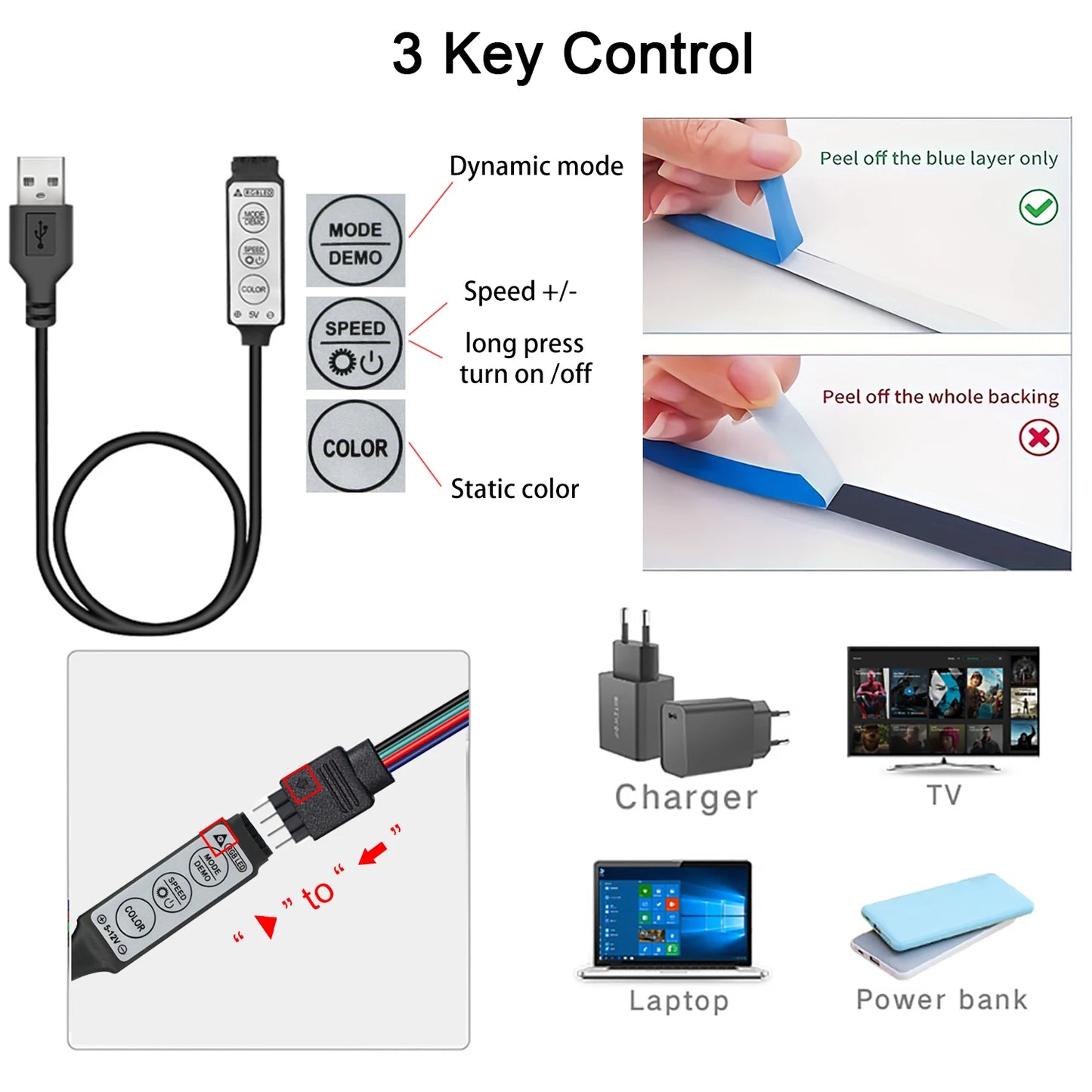 Tira de luces LED para TV con control de 3 teclas, USB, 5 V, cinta flexible para retroiluminación de TV, decoración para fiestas en casa